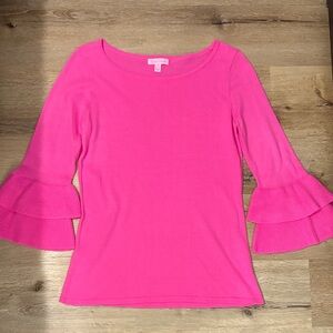 Lily Pulitzer Clare Ruffled Bell Sleeve Crewneck Sweater in Vibrant Hot Pink